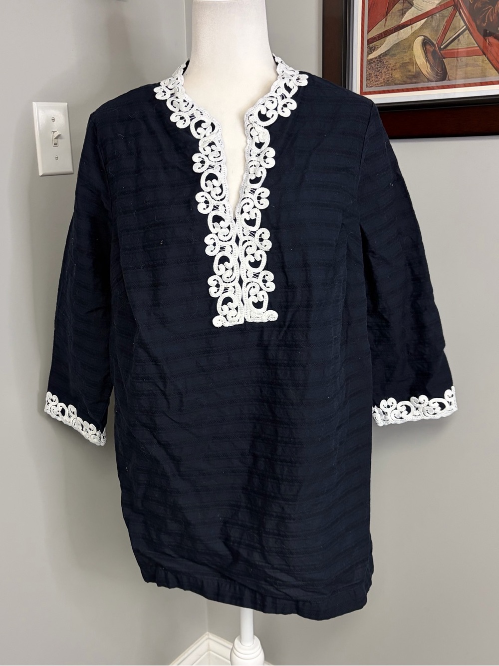 Talbots Womens 100% cotton navy blue white crochet tunic top 3/4 length 1X
